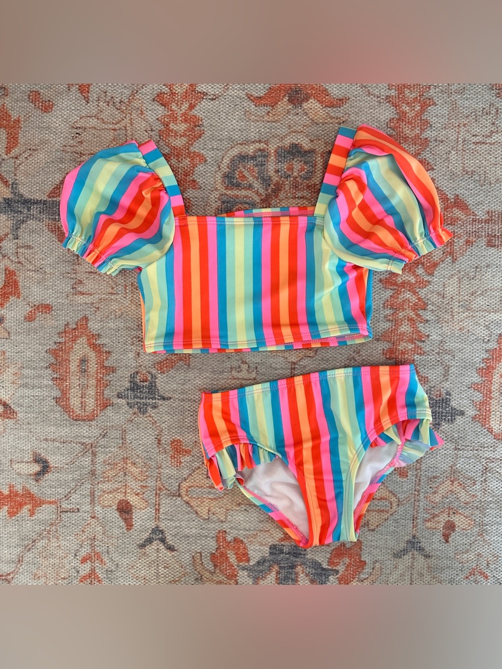Girls' Rainbow Stripe Puff Sleeve Two-Piece Swimsuit - Bright Multicolor